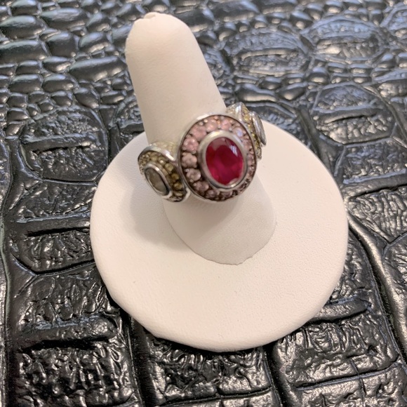 Sz 7 ring with dark pink, yellow stones - Picture 3 of 7